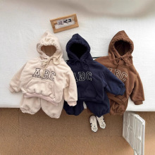 韩版ins加绒加厚字母连帽卫衣长裤套装儿童男女儿童秋冬装新款