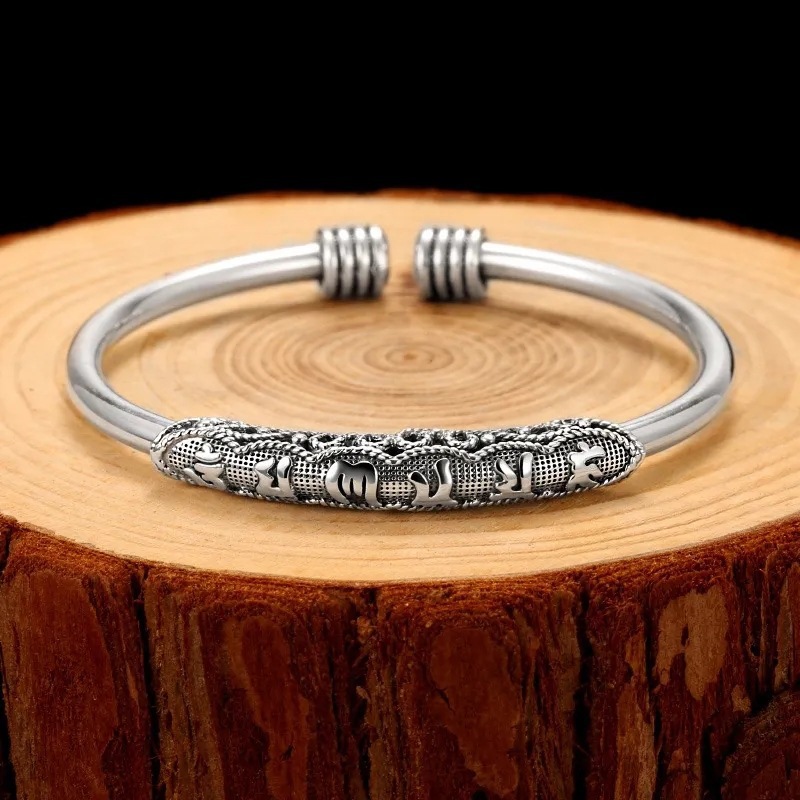 White Copper Silver-plated Six-character Mantra Bracelet Men, Vintage Hand-carved Heart Sutra Open Bangle For Women,_voghion.com