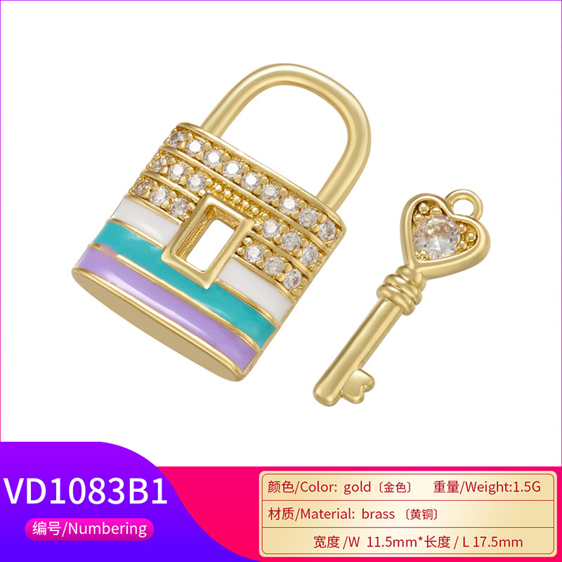 Color Drip Oil Lock Key Micro-set Zircon Copper Key Lock Pendant display picture 2
