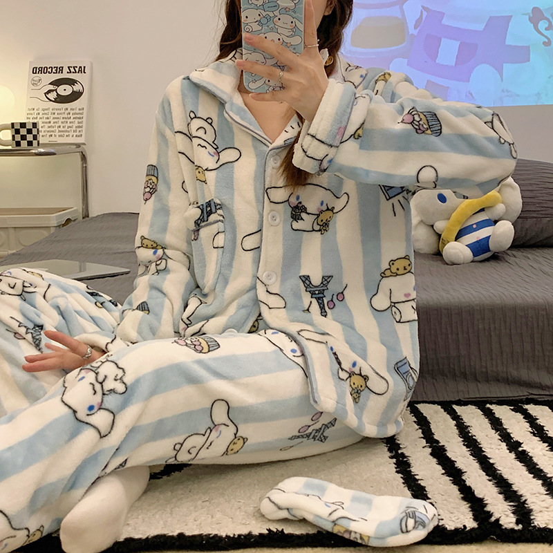 Rayas yugui perro pijamas de franela las mujeres japonés otoño y el invierno cardigan manga larga con máscara ojos dibujos animados homewear caliente conjunto