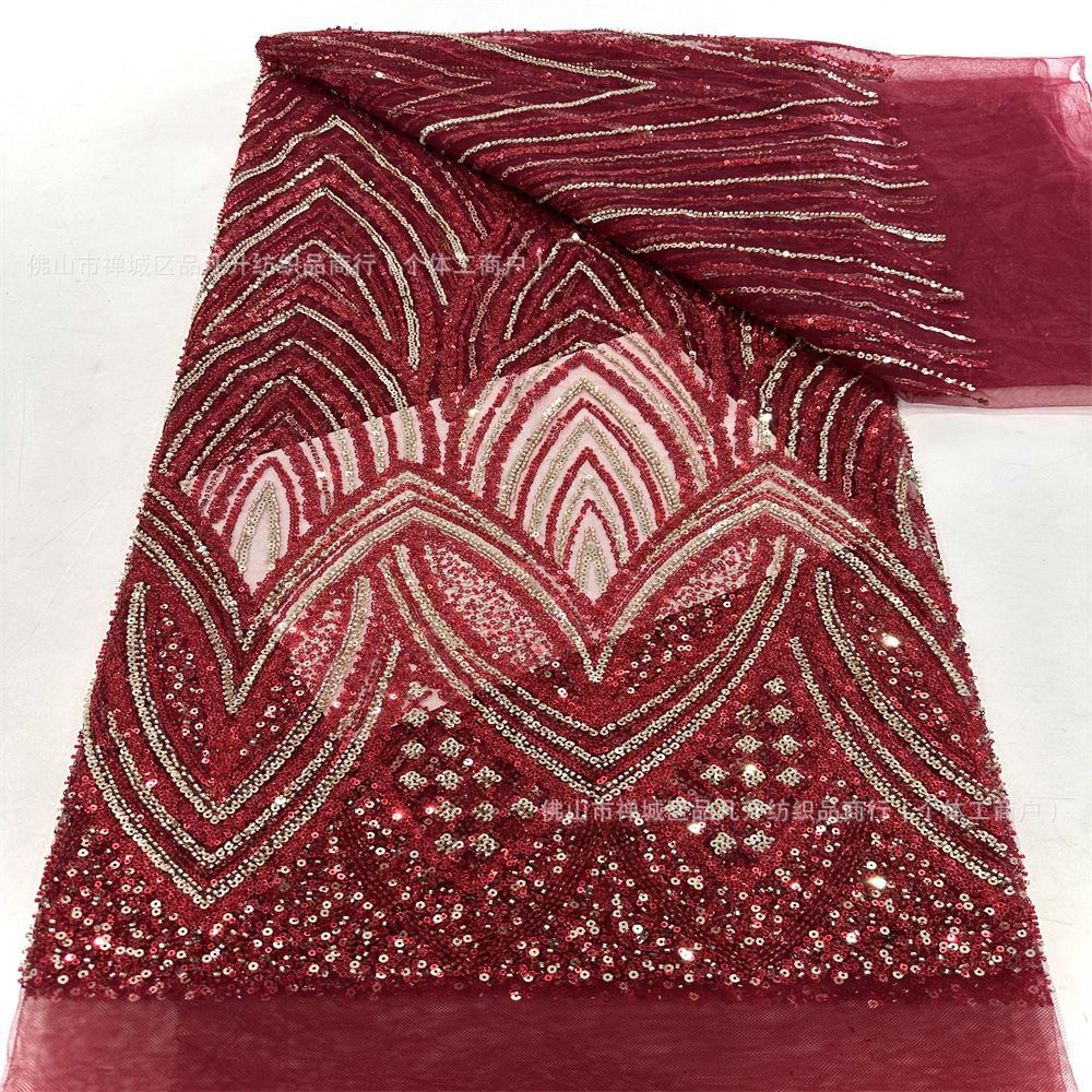Tejido de malla de sequinilla de dos colores de moda de alta fijación de perlas de tela bordada europea y americana vestido de boda vestido de tela