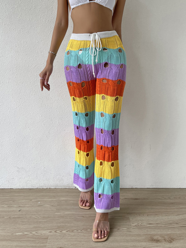 2022跨境新款間色鏤空針織長褲亞馬遜速賣通wish彩虹沙灘褲批發(fā)
