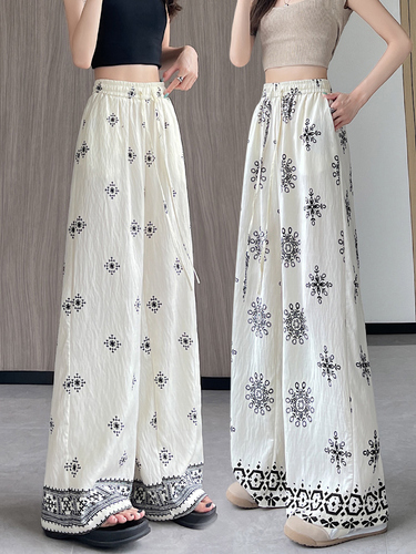 Ice Silk Cotton Linen Wide Leg Pants for Women Summer 2025 Thin Lengthened Print Linen Draped Drawstring Casual Pants