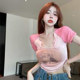 2025薄新款夏季女装辣妹猫咪短款露脐上衣修身短袖T恤ins爆款衣服