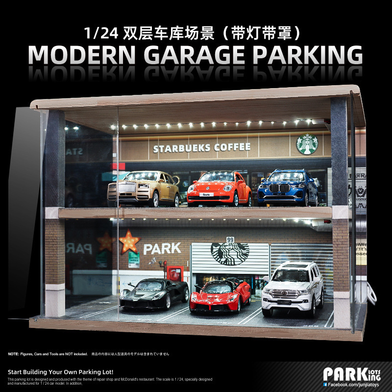 1:24 Artificial Parking Lot Garage Scene Model Acrylic Car Model Display Box Car Storage Ornaments with Lights