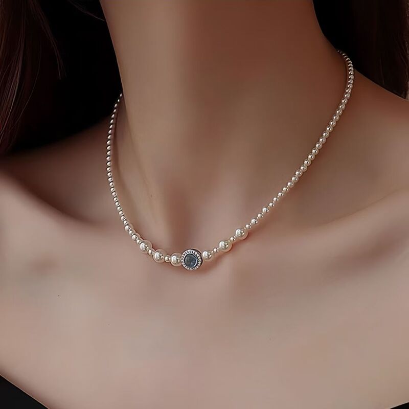 Yinghe ジュエリー天然アクアマリンパールネックレス女性のラウンド完璧なグラデーションキビビーズクラゲシェル鎖骨チェーン|undefined