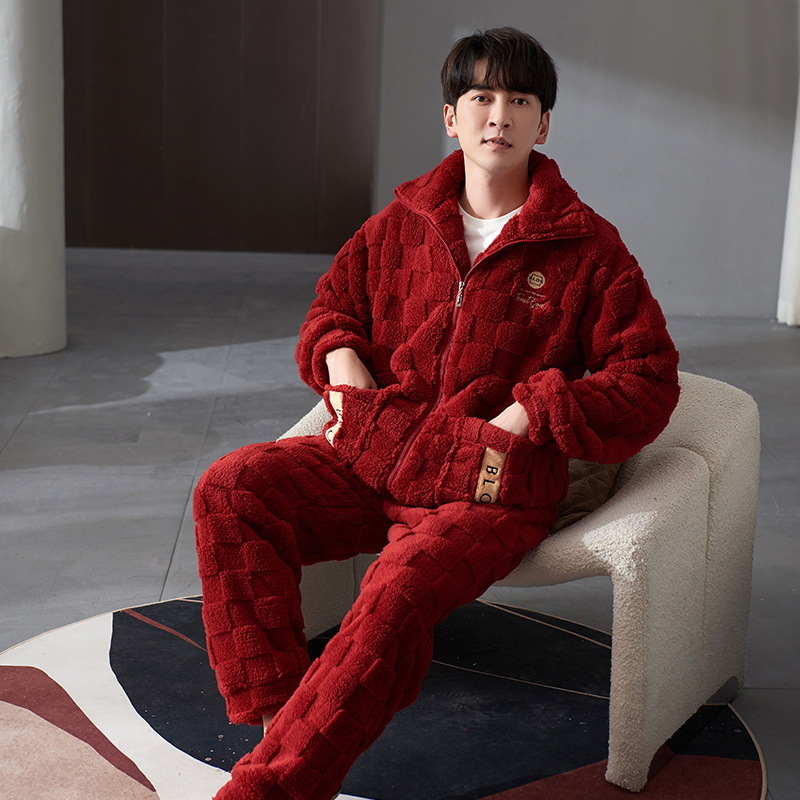Pijamas de franela los hombres del otoño y el invierno collar soporte caliente juventud coral fleece homewear traje se puede usar fuera