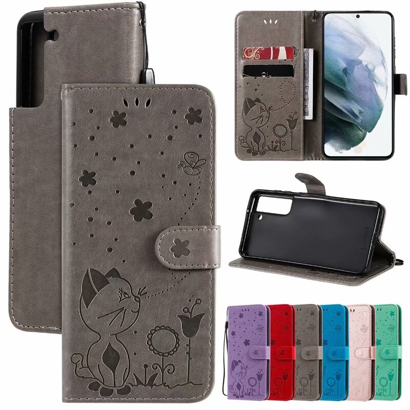 For Samsung S23 embossed cat and bee mobile phone case NOTE20 embossed card leather case A34 wallet protective case For Samsung S23 embossed cat and bee mobile phone case NOTE20 embossed card leather case A34 wallet protective case