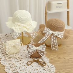 愛心蕾絲蝴蝶結草帽夏季兒童遮陽帽沙灘太陽帽草編包包女童防曬帽