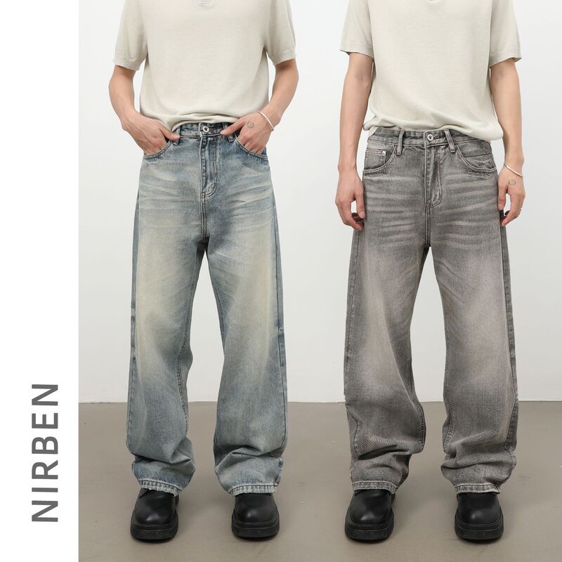 Nirben Denim | American Retro Style Whiskered Washed Jeans for Men, Trendy Brand, Loose Straight Wide-Leg Versatile Long Pants. Nirben Denim | American Retro Style Whiskered Washed Jeans for Men, Trendy Brand, Loose Straight Wide-Leg Versatile Long Pants.