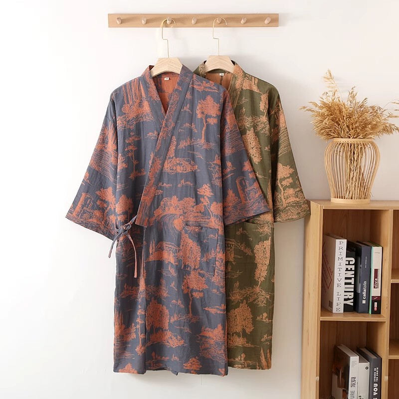 Spring and Autumn Men's Kimono Nightgown Cotton Yarn-dyed Jacquard Bathrobe Large Size 200 Jin Cotton Long Sweat Steam Hot Spring Suit