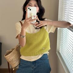レモン緑茶the limonニットストラップセーターのベスト女性の早春の新しい甘さは上着を重ねて着ます。
