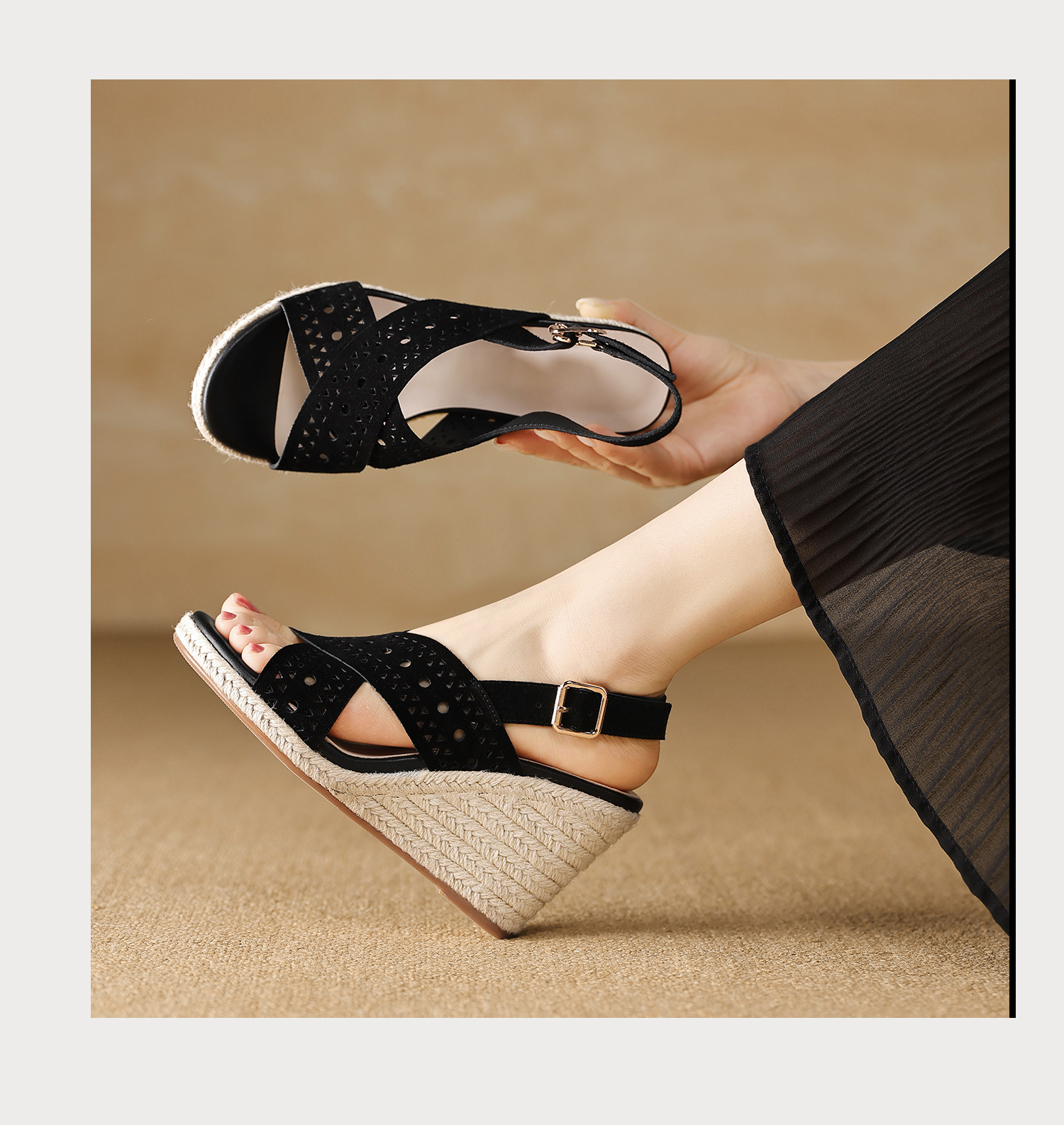 Sandal cao gót nữ quai chéo hở mũi đế xuồng bện rơm gót 8 cm — màu nâu, màu đen chi tiết 13