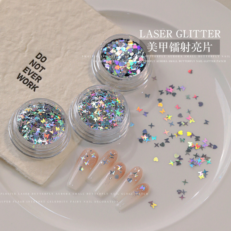 Internet Celebrity Nail Art Jewelry New Laser Sequin Ultra-Thin Phantom Silver Heart Four-Pointed Star Butterfly Nail Decoration Accessories