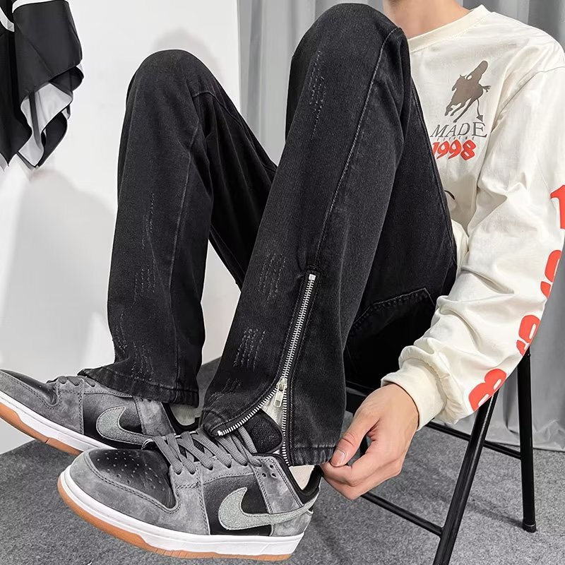 Spring and Autumn American Style High Street Straight Black Jeans Men's Slim Fit Side Zipper Trendy Brand Vibe Micro-lar Pants Men