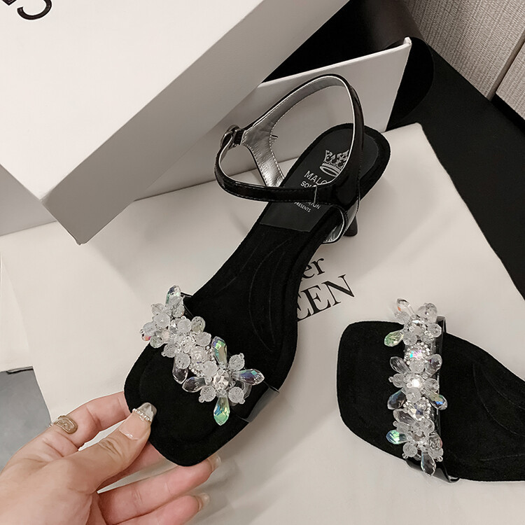 Sandal cao gót nữ mũi nhọn đính cườm da bò, gót nhọn 9 cm — Màu đen, Màu xanh lam chi tiết 7