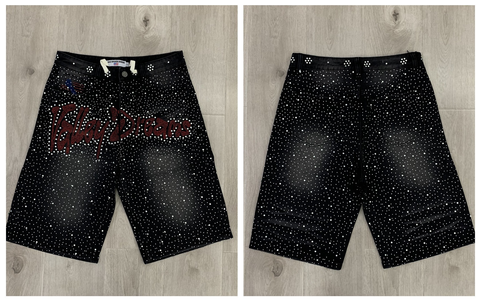 Vale Sports Valley Dreams Denim Shorts Rhinestone Washed Black