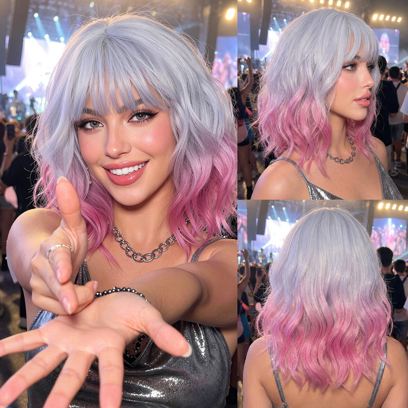 Amazon's best-selling product: pink and purple bobo style synthetic hair wig with bangs, high-temperature fiber short curly hair wig for women, full head cover Amazon's best-selling product: pink and purple bobo style synthetic hair wig with bangs, high-temperature fiber short curly hair wig for women, full head cover