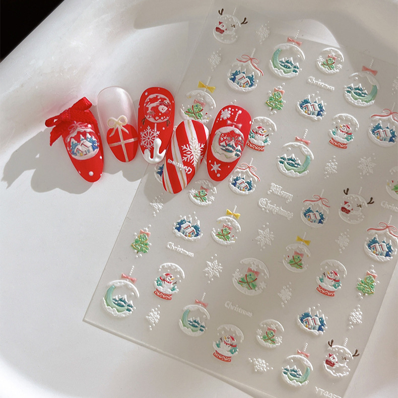 Embossed Christmas Ball Nail Art Sticker Cartoon Three-Dimensional Snowflake Sticker Laser Hot Stamping Bow Plaid Nail Decal