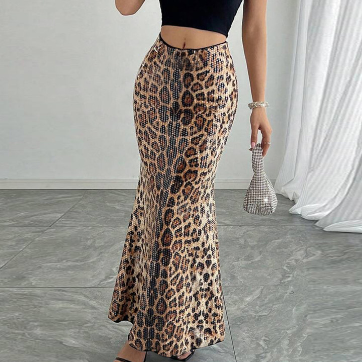 51515 Foreign Trade Amazon Hot-Selling New Product Leopard Print Sequin Splicing Double-Layered Elastic Half Skirt Women's Skirt
