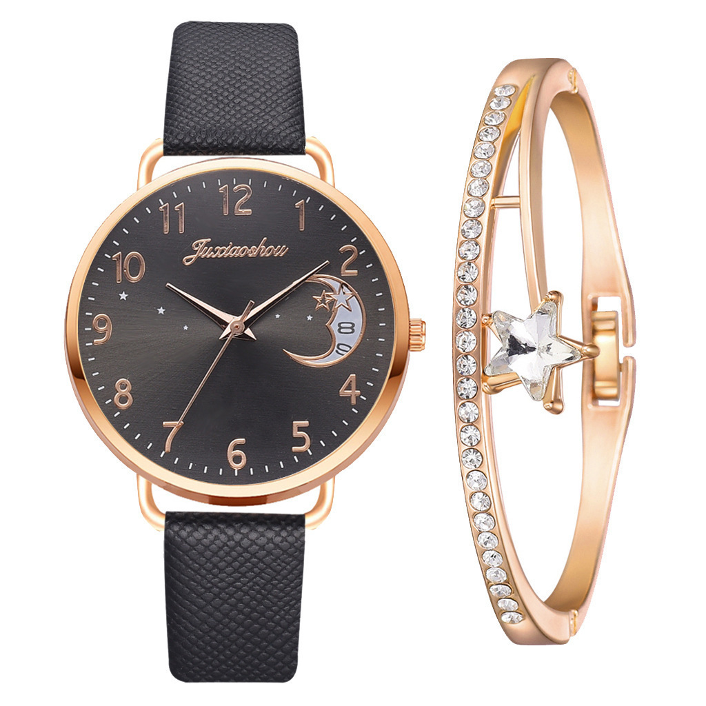 new hot women's personality quartz watch set Pu with moon pattern dial with calendar_voghion.com