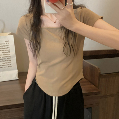 New South Korean Version Short Sleeve Square Collar T-shirt for Women, South Korean Version Slim Design, Unique Bottom Shirt Top