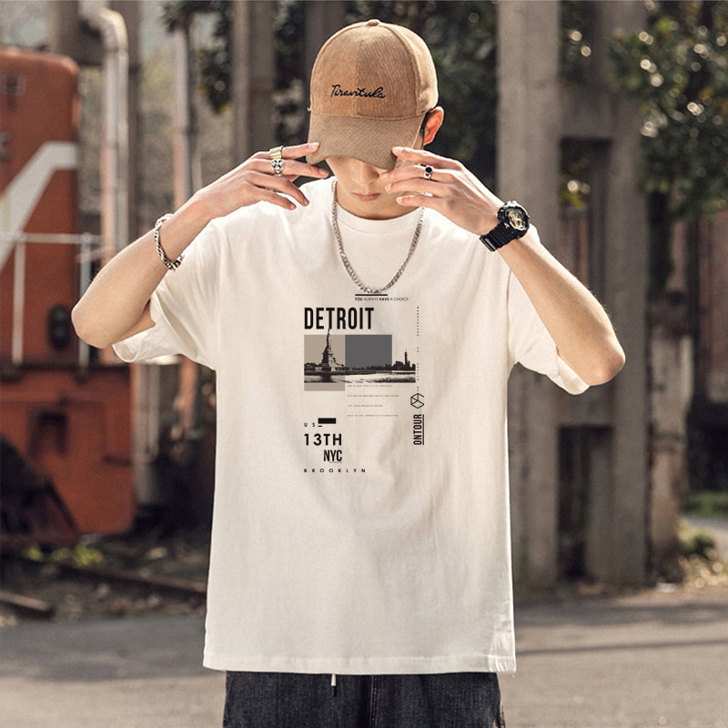 Camiseta de manga corta de los hombres de algodón de manga corta pie 230G pesada suelta marca de moda verano cuello redondo Camiseta de los hombres