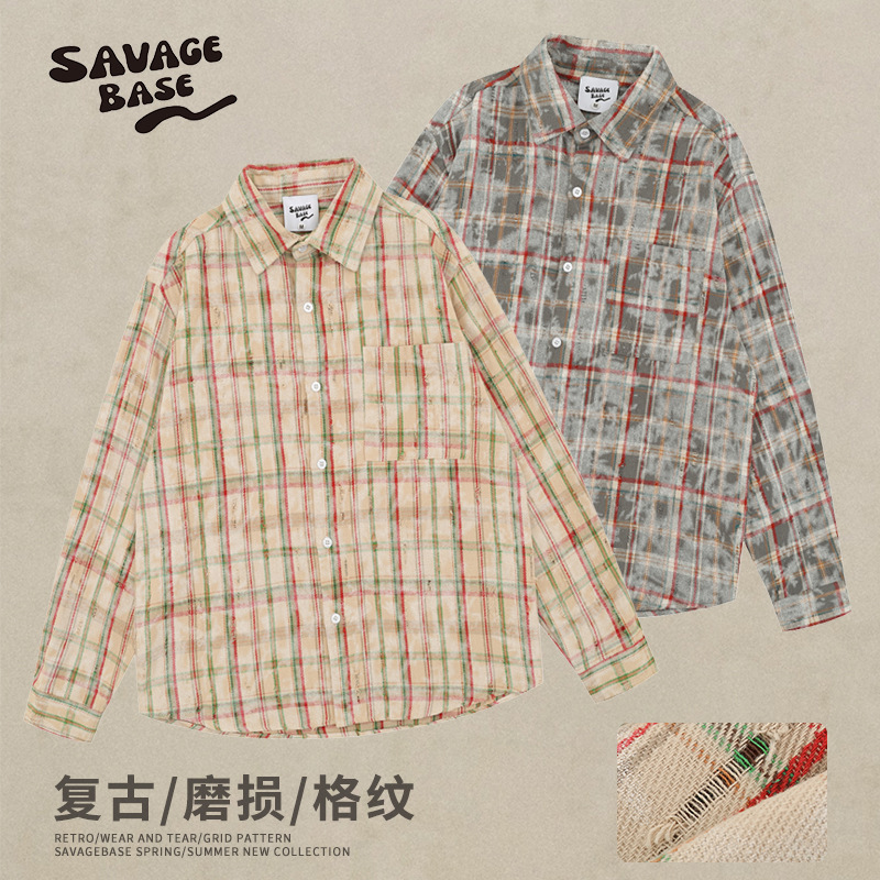 Trendy Hip-Hop Distressed Washed Plaid Shirt 2025 Spring and Autumn New Long-Sleeve Loose Dirty-Style Shirt for Men and Women