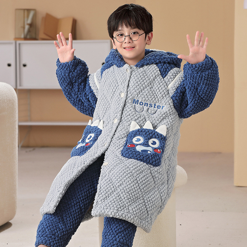 Children's pajamas autumn and winter thickened boys' coral fleece three-layer quilted flannel middle and big children boys' homewear