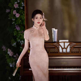 2025春夏新款旗袍新中式粉色绝美旗袍小个子修身收腰短袖旗袍现货