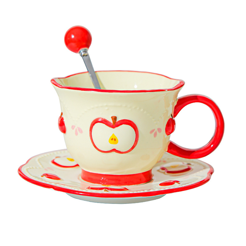 Tazas de café de cerámica de manzana, plato, taza de marca, diseño de relieve pintado a mano original, taza de agua, taza de leche de desayuno