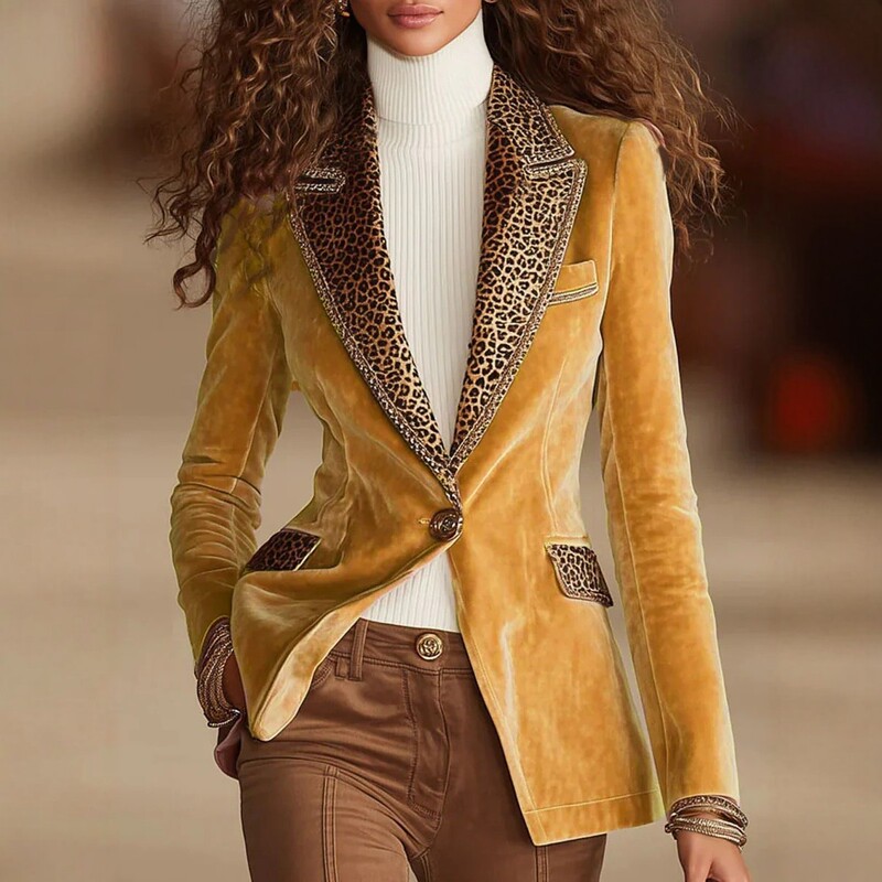 2025 European and American Women's Fashion Autumn and Winter New Leopard Print Patchwork Velvet Blazer Long-Sleeve Lapel Stylish Slim Fit 2025 European and American Women's Fashion Autumn and Winter New Leopard Print Patchwork Velvet Blazer Long-Sleeve Lapel Stylish Slim Fit
