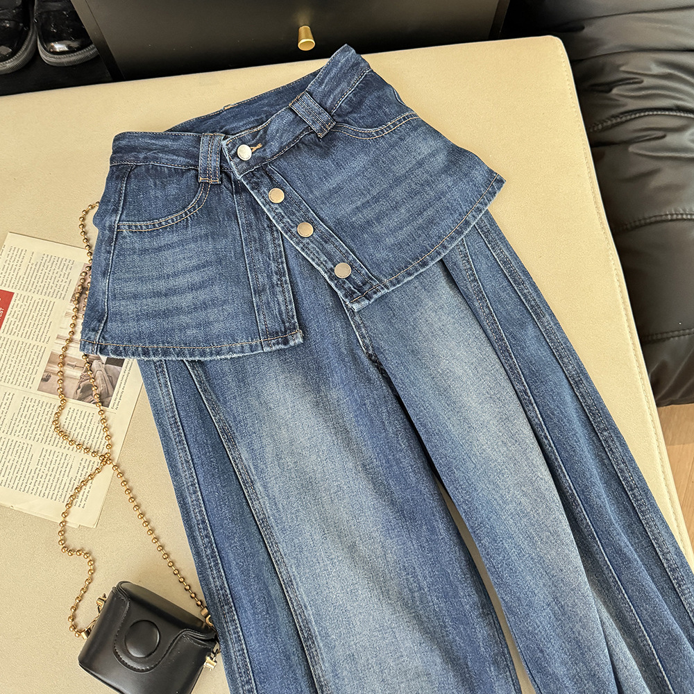High-Waisted Faux Two-Piece Slimming Wide Leg Denim Culottes Casual Straight Leg Loose Fitting Summer Trendy Women's Jeans_ecoleips.com