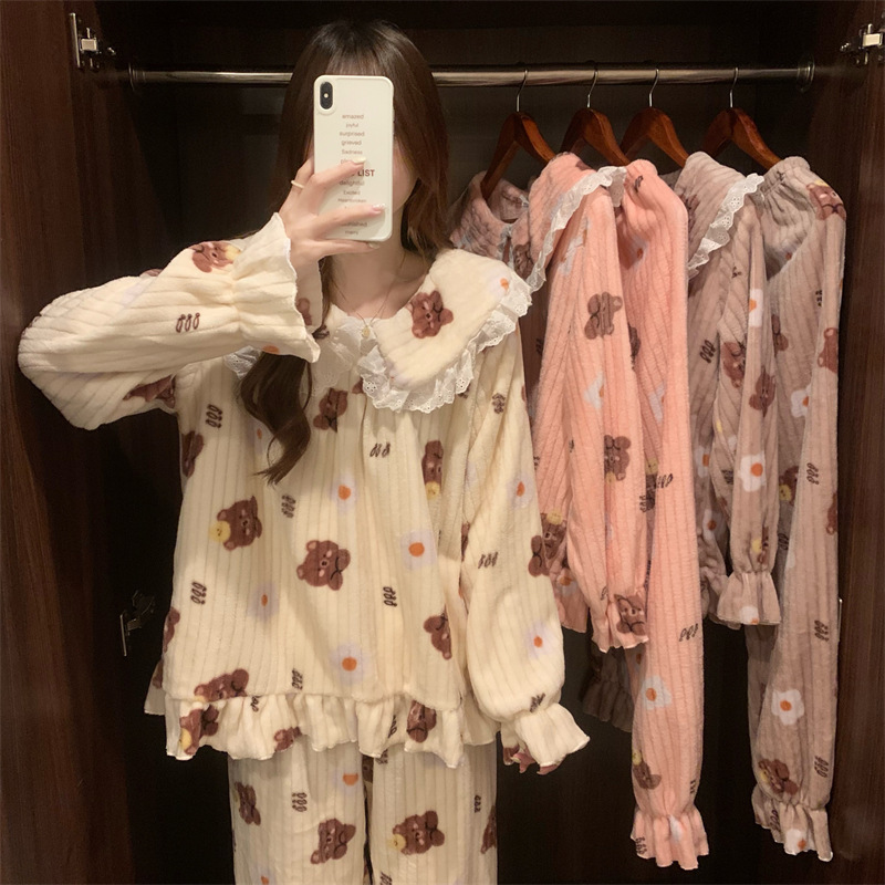 Little Bear Peach Lace Coral Velvet Warm Suit Large Size Casual Wearable Autumn and Winter Pajamas Thickened Home Clothing for Women