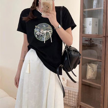 夏季新款国风T恤女新中式竹子熊猫设计感流苏短袖t宽松百搭品质