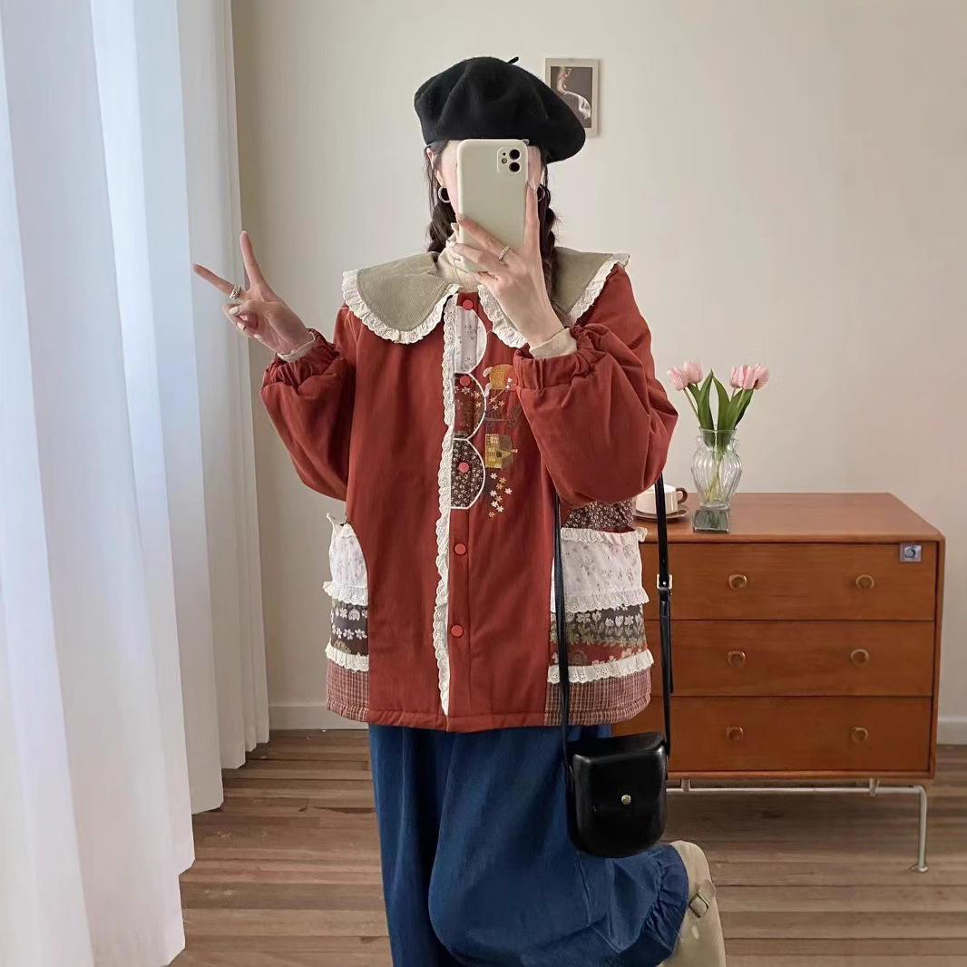 (2개) 2024 가을과 겨울 새로운 모리 귀여운 코튼 패치 자수 인형 칼라 긴 소매 면화 방한면 패딩 코트