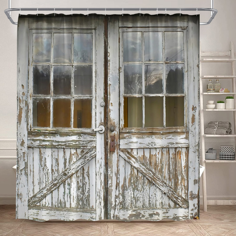 Vintage Farm Barn Wooden Door Shower Curtain Vintage Texas Star Brown White Wood Board Shower Curtain Set Polyester Bathroom Set