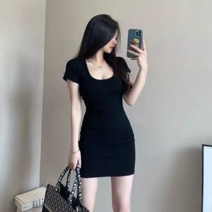 2025 New Summer Slim Dress, Short-Sleeved Waist-Covering Hip Skirt, Pure Color Sexy Bottoming Skirt, Versatile Elegant