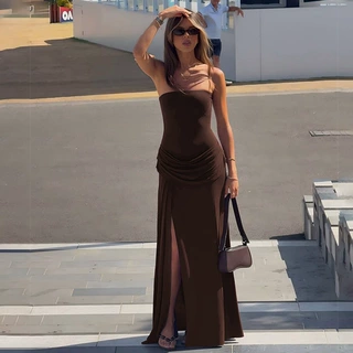 欧美风女装2026夏季新款纯色无袖褶皱修身性感抹胸开叉连衣裙批发