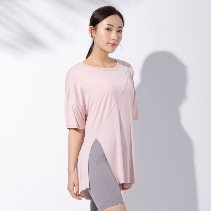 新しいモーダルヨガウェア半袖ルーズスリムロングスポーツTシャツ通気性ランニングフィットネスウェア女性のトップス|undefined