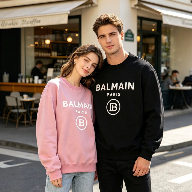 Factory direct men's and women's BALMAIN letter print crew neck sweatshirt, loose fit, couple style, street fashion top Factory direct men's and women's BALMAIN letter print crew neck sweatshirt, loose fit, couple style, street fashion top
