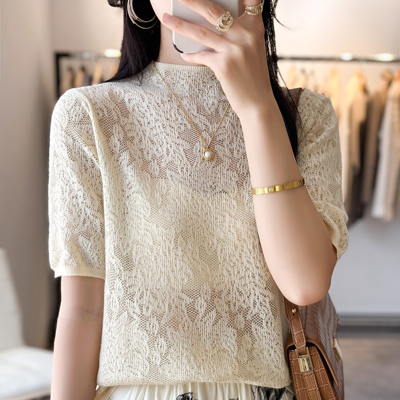 Cross-Border women's clothing wholesale New lace hollow knitwear semi-high collar slim temperament top short sleeve vest T-shirt Cross-Border women's clothing wholesale New lace hollow knitwear semi-high collar slim temperament top short sleeve vest T-shirt