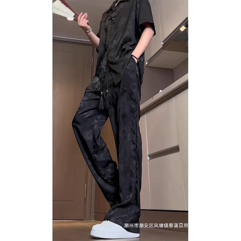 新中式男装中式风套装冰丝黑色衬衫短袖裤子夏季薄款搭配一套