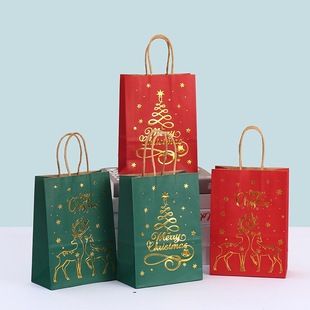Cross-Border Christmas Kraft Paper Handbag Hot Stamping Printed Holiday Souvenir Packaging Bag