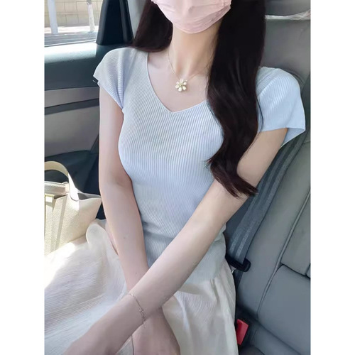 V-neck, small flying sleeves, ice silk short sleeves, women's summer thin style, temperament, figure-fitting, all-matching, slimming, straight shoulder knitted T-shirt top