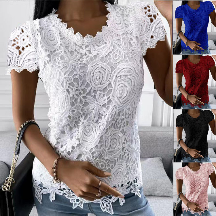 Independent Website Amazon's New Summer Women's Clothing European and American Cross-Border New Lace Shirt Short-Sleeved Top