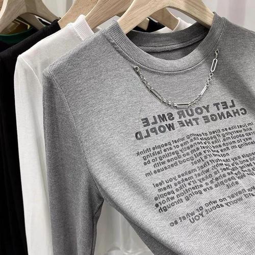 Pure Color Ribbed Knit Print Letter T-Shirt Women's Top Spring Chain Long Sleeve Base Shirt Trend