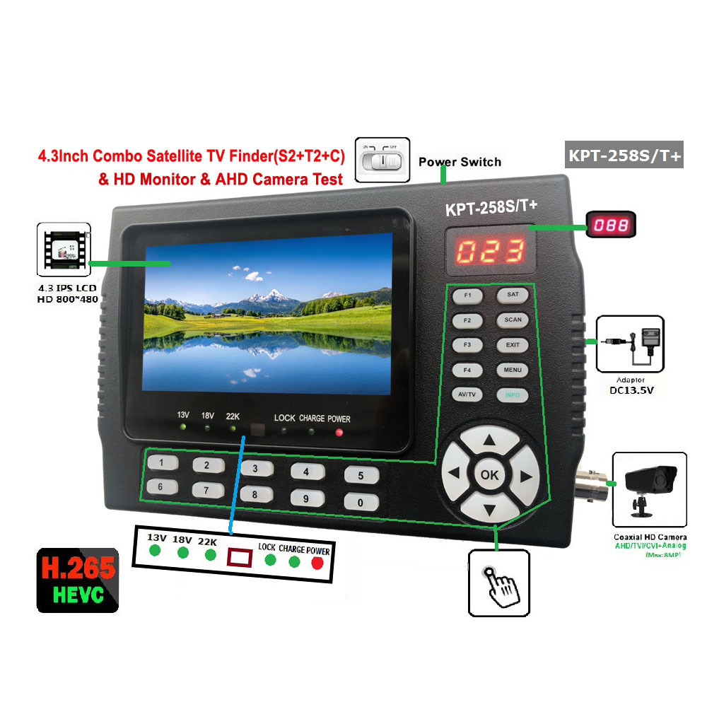 (4.3寸出口版combo)DVB-S2+T2+C地面高清+CATV+寻星仪KPT-258S/T+
