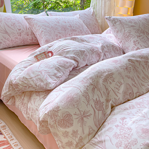 Premium A-grade Washable Cotton Double-Layer Gauze Four-Piece Set with Small Floral Print: Duvet Cover, Fitted Sheet, and Bed Sheet – Perfect for Student Dorms