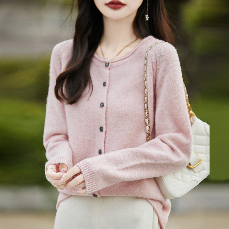 New Spring and Autumn Solid Color Round Neck Rolled Edge Wool Knit Cardigan for Women, Loose and Versatile Casual Sweater Coat